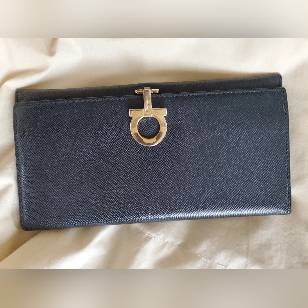 Salvatore Ferragamo Black Leather Continental Wallet With Gold Hardware